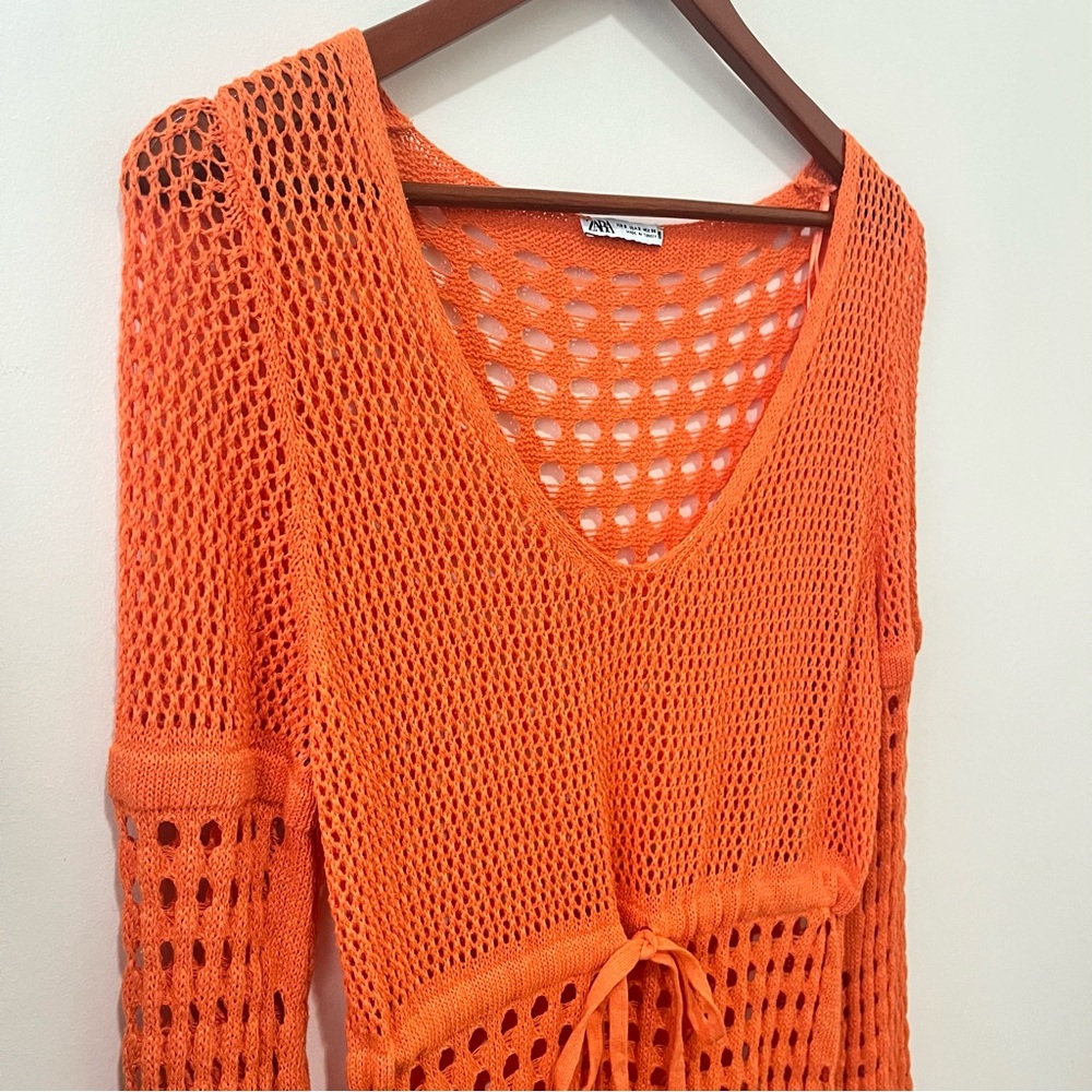 Zara Crochet Open Knit Maxi Dress Swim Coverup Orange Vacation Beachy Size Small - Picture 9 of 13